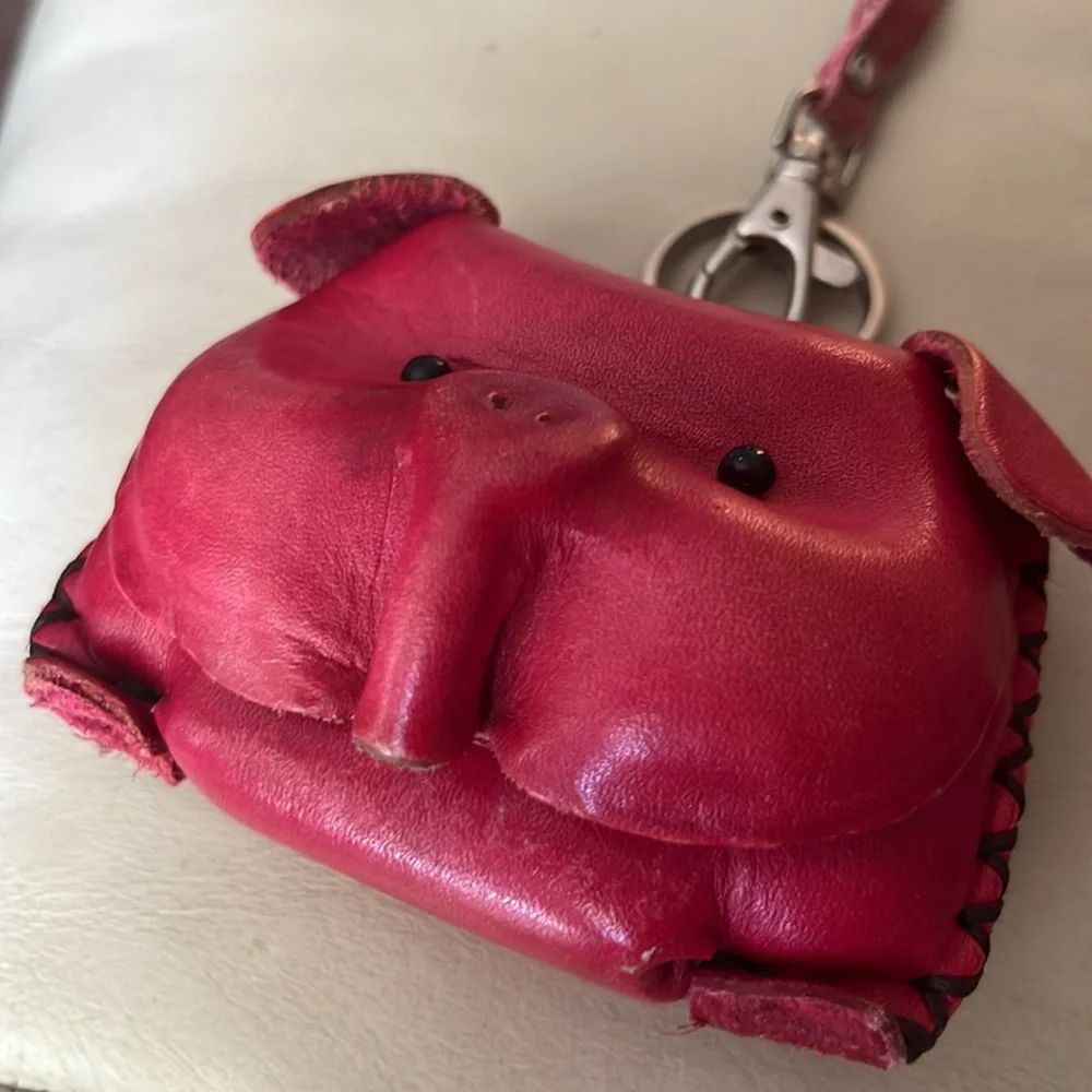 Leather Piggy Coin Key Ring Dark Pink Just Adorable-Handmade - Picture 8 of 12